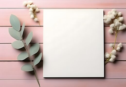 Wedding invitation card mockup with natural eucalyptus. paper with flowers on a wooden background.
