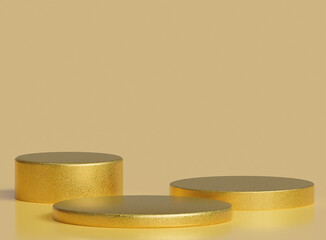 Golden product background stand or pedestal pedestal on advertising display with empty background. 3D rendering.