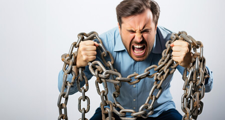 Hombre atado o agarrado a una cadena inmovilizado