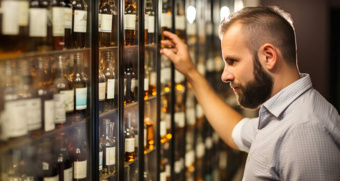 "El Arte de Elegir Vinos" Hombre Eligiendo que vino tomar