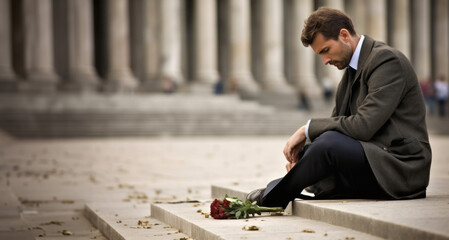 Hombre Triste de luto sentado en el suelo  - obrazy, fototapety, plakaty