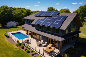high view of Solar panels on the gable roof of a beautiful modern home, with grass lawn