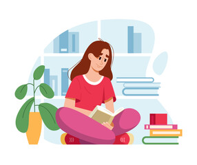 Young Woman Reading Book with Pile of Books. Self Education, Studying Concept. Library. Vector Illustration in Flat Cartoon Style. 