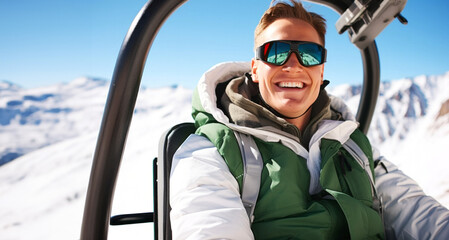 Hombre esquiador con equipaje de Eski subido al Telesquí con pista nevada de fondo - obrazy, fototapety, plakaty