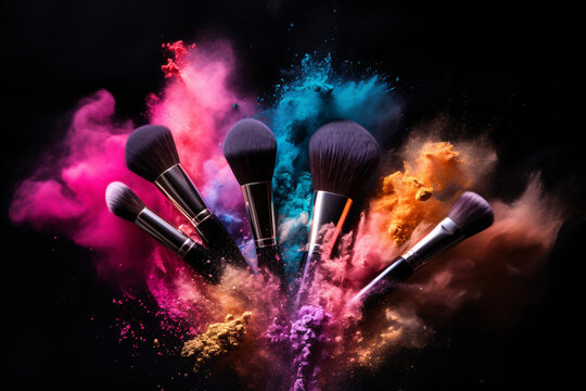 Explosion of Delicate Rainbow Blush on Makeup Brushes, Professional Photography on Black Background.