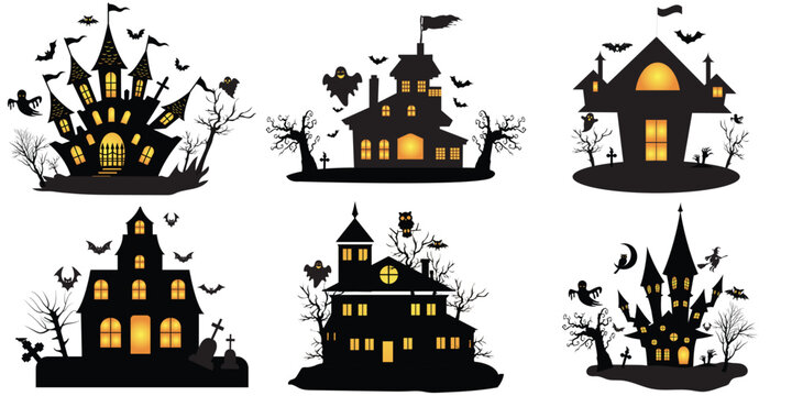 Haunted House silhouette collection. Set of scary house for Halloween. Halloween Haunted house silhouette