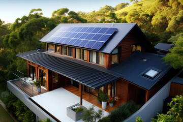  Solar panels on the gable roof of a beautiful modern home - obrazy, fototapety, plakaty