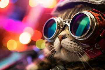beautiful fat cat wearing VR virtual reality gogles on colored background, Technology future funny activity concept