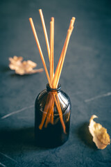 Incense sticks on a dark background and autumn leaves.