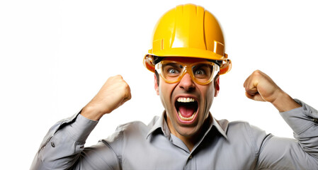Hombre Constructor  con casco de protección amarillo con mucha alegria - obrazy, fototapety, plakaty