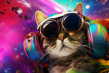 beautiful fat cat wearing VR virtual reality gogles on colored background, Technology future funny activity concept