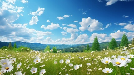 Fototapeta na wymiar Beautiful summer colorful panoramic landscape of flower meadow with daisies against blue sky with clouds.