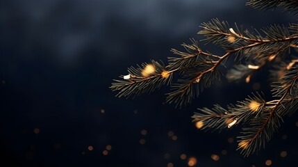 Green fir tree winter black minimal background.