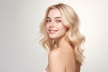 Fototapeta premium Portrait of a happy, confident, and healthy Caucasian woman with glowing skin and positivity. Generative AI