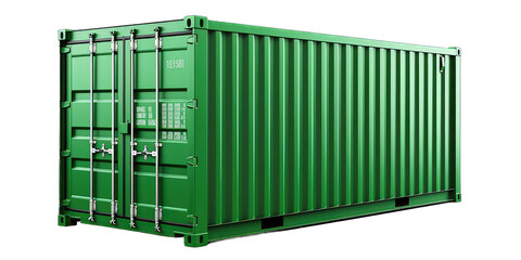 Green cargo container isolated on transparent background. Modern industrial shipping equipment