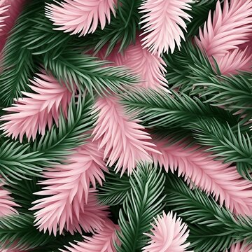 Winter green and pink fir tree branches on a table. Minimal background with copy space.