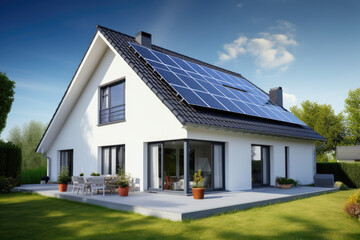  Solar panels on the gable roof of a beautiful modern home
