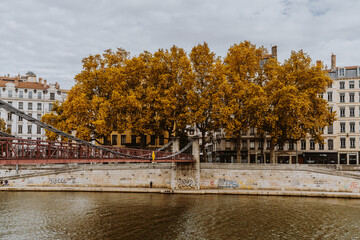 Brücke in Lyon mit Bäumen im Herbst Gold