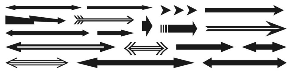 Straight long horizontal arrow set. Black colour shape isolated on white background. Vector illustration flat style. 