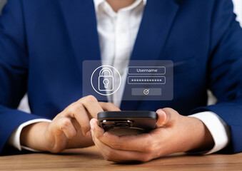 Cybersecurity and privacy concepts to protect data. information security and encryption, businessman or User using smartphone typing login protecting personal data on internet network security.