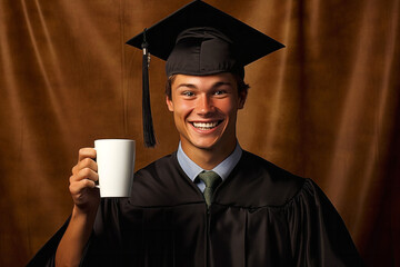 Hombre joven estudiante en toga sosteniendo una taza - obrazy, fototapety, plakaty