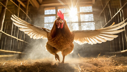 rooster in his henhouse sings happily the new dawn - obrazy, fototapety, plakaty