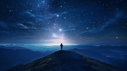 A man stands on top of a mountain, gazing into the horizon. On the mountain, the man thanks God. generative AI.