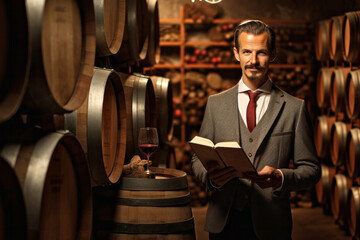 Hombre Sommelier en una bodega con barricas de vino