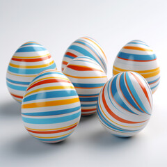 Fototapeta na wymiar Easter eggs with a simple striped pattern in blue, yellow, red and orange, white background, front view. design concept.