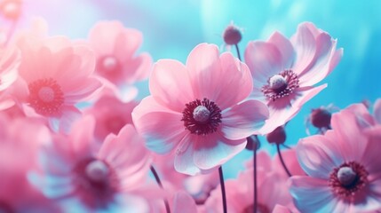 Gently pink flowers of anemones outdoors in summer spring close-up on turquoise background with soft selective focus. Delicate dreamy image of beauty of nature.