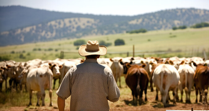 Pastor ganadero guiando al ganado de vacas en el campo