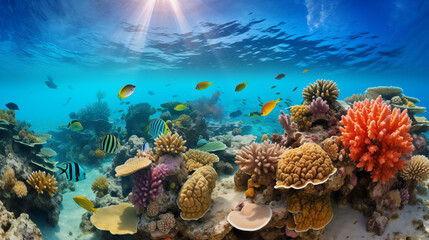 the vibrant colors of a coral reef teeming with exotic marine life, bringing the wonders of the underwater world to life