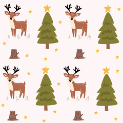 christmas seamless pattern with deer.pattern with animals. children's pattern with deer and fir trees. pattern background with deer