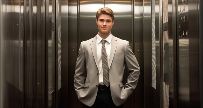 Hombre Empresario en traje formal subido al ascensor