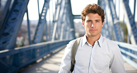 Joven estudiante caminando por un puente o cruzando un puente Azul