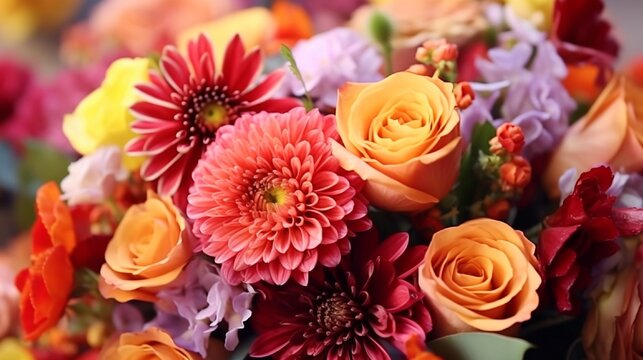 Red pink orange Autumn Colorful fall bouquet. Beautiful flower composition with autumn orange and red flowers. Flower shop and florist design concept. close up, floral background