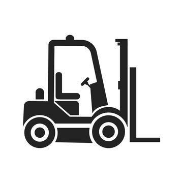 Isolated icon of black pictogram forklift with fork, wheel, steering wheel, for industrial vehicle sign