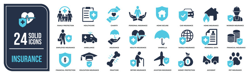 Insurance solid icons collection. Containing healthcare, life, car, home, business icons. For website marketing design, logo, app, template, ui, etc. Vector illustration. - obrazy, fototapety, plakaty