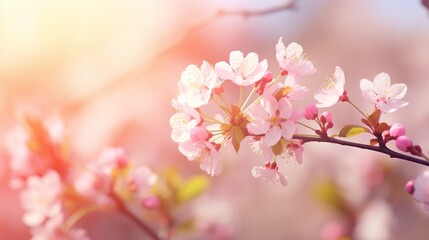 Spring blossom background. Beautiful nature scene with blooming tree and sun flare. Sunny day. Spring flowers. Beautiful Orchard. Abstract blurred background. Springtime