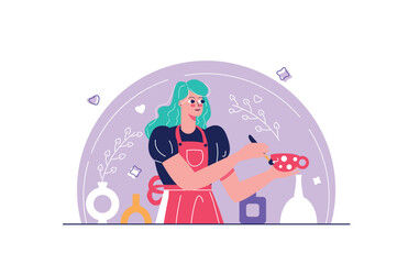 Fototapeta premium Creative workers concept with people scene in the flat cartoon design. The girl mixes colored paints to start creating a piece of art. Vector illustration.
