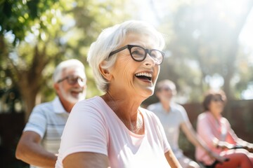Group of active senior doing exercise outdoors in a park, Health, retirement, yoga, workout, mind, body and spiritual concept. 