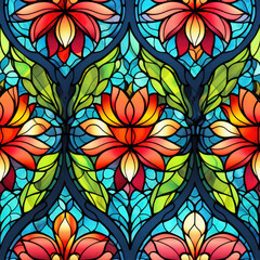 Fototapeta na wymiar Stained glass floral seamless pattern tile for background