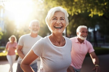 Group of seniors doing a mind, body and spiritual exercise outdoors in a park Health, retirement doing yoga workout