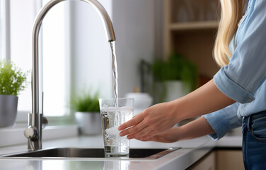 Woman filling glass with tap water from faucet in kitchen, closeup - obrazy, fototapety, plakaty