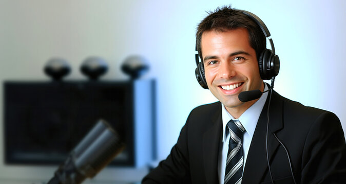 Hombre locutor grabando Emisi&oacute;n