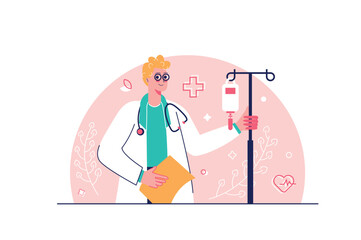 Doctor concept with people scene in the flat cartoon style. A doctor prepares a dropper for a patient undergoing treatment. Vector illustration.