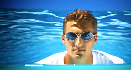Hombre haciendo natación bañandose en la piscina con gafas de agua - obrazy, fototapety, plakaty