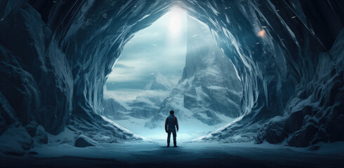 Man exploring an amazing glacial cave.