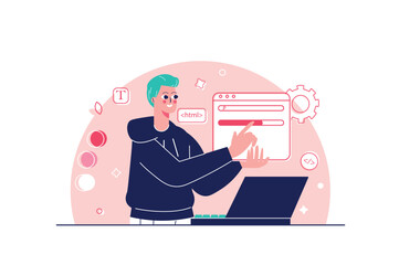Web designer concept with people scene in the flat cartoon design. The designer makes a layout that will perfectly suit the style of the new website. Vector illustration.