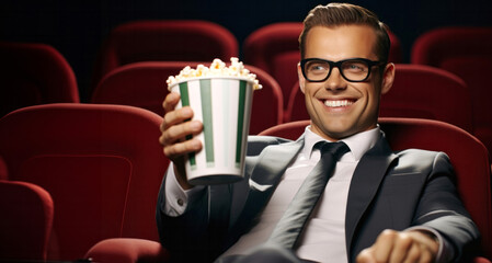Elegante hombre sonriente feliz tomando palomitas en una sala de cine sentado - obrazy, fototapety, plakaty